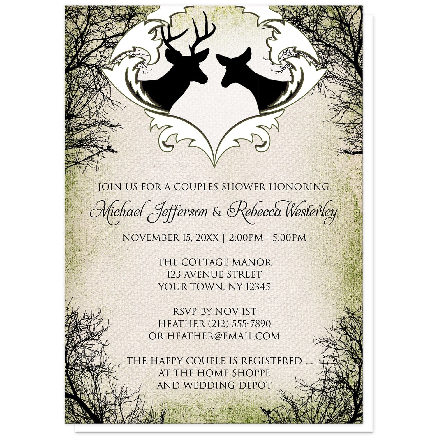 Rustic Deer Frame Canvas Couples Shower Invitations at Artistically Invited. Rustic deer frame canvas couples shower invitations designed with black silhouettes of a buck with antlers and a doe in a white frame design at the top, over a rustic brown and green canvas design bordered with winter tree silhouettes. Your personalized couple shower celebration details are custom printed in black below the deer over the canvas background design.