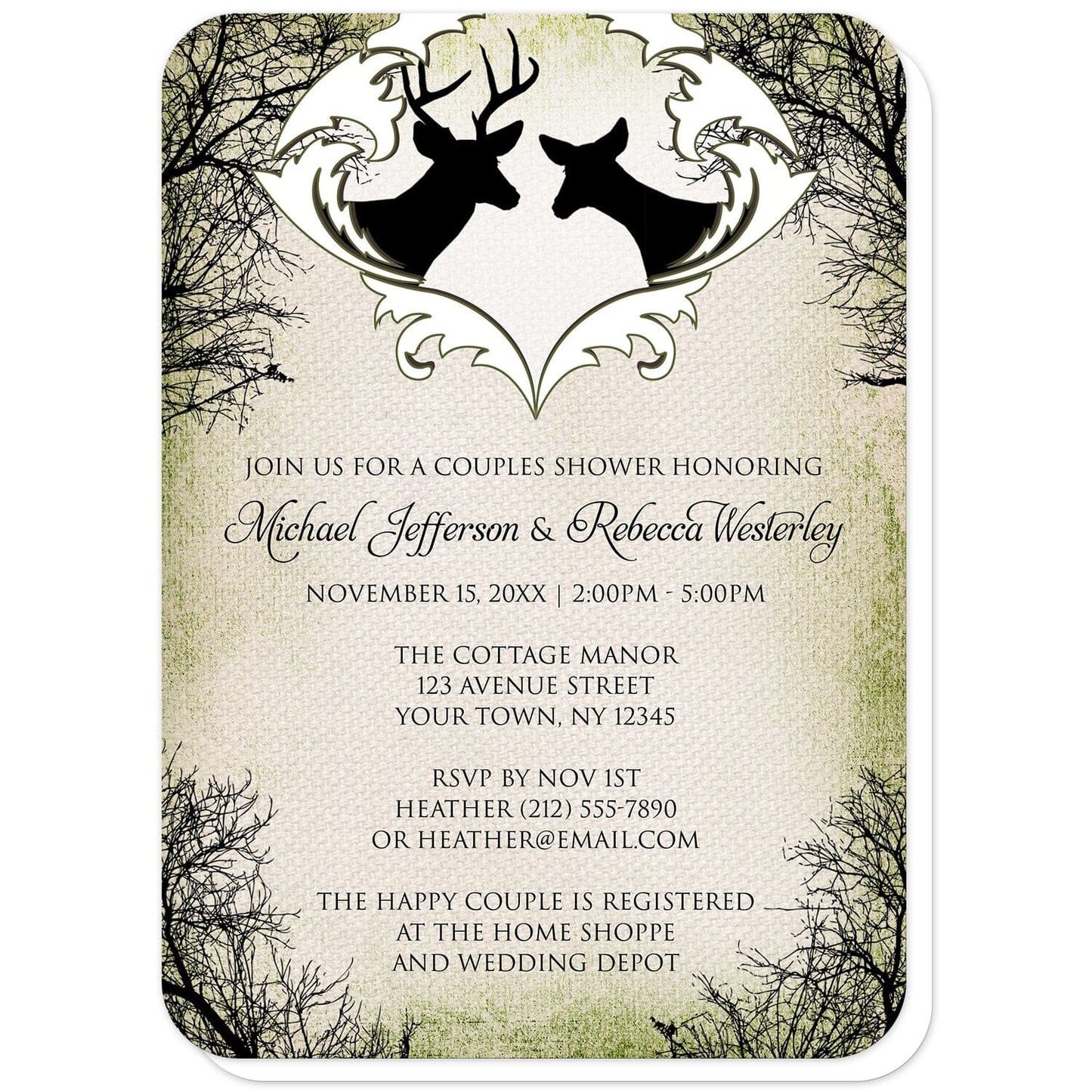 Rustic Deer Frame Canvas Couples Shower Invitations (with rounded corners) at Artistically Invited. Rustic deer frame canvas couples shower invitations designed with black silhouettes of a buck with antlers and a doe in a white frame design at the top, over a rustic brown and green canvas design bordered with winter tree silhouettes. Your personalized couple shower celebration details are custom printed in black below the deer over the canvas background design.