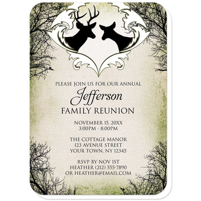 Rustic Deer Frame Canvas Family Reunion Invitations (with rounded corners) at Artistically Invited. Rustic deer frame canvas family reunion invitations designed with black silhouettes of a buck with antlers and a doe in a white frame design at the top, over a rustic brown and green canvas design bordered with winter tree silhouettes. Your personalized reunion celebration details are custom printed in black below the deer over the canvas background design.