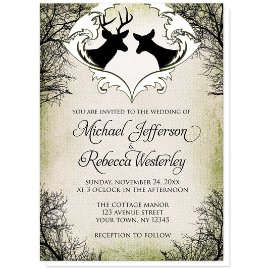 Rustic Deer Frame Canvas Wedding Invitations at Artistically Invited. Rustic deer frame canvas wedding invitations designed with black silhouettes of a buck with antlers and a doe in a white frame design at the top, over a rustic brown and green canvas design bordered with winter tree silhouettes. Your personalized marriage celebration details are custom printed in black below the deer over the canvas background design.