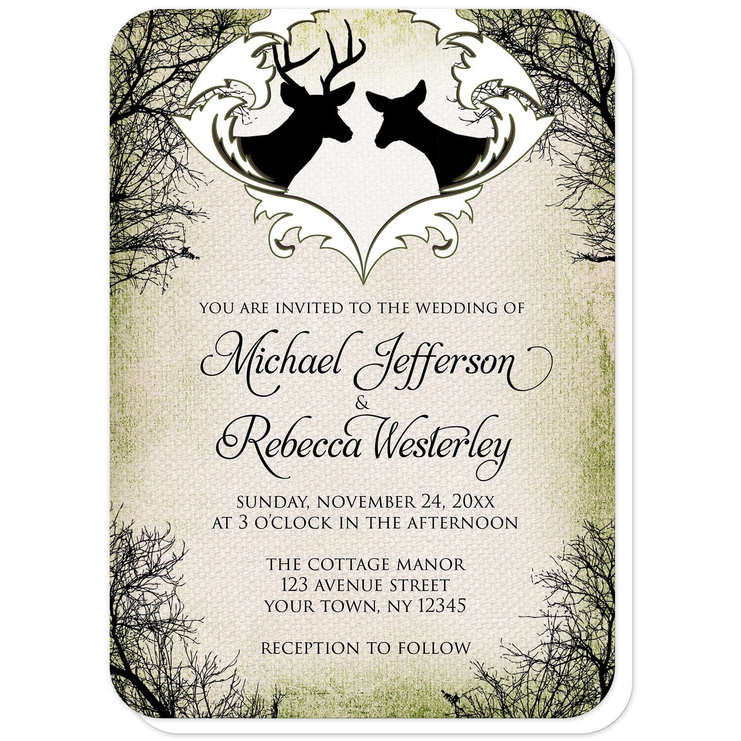 Rustic Deer Frame Canvas Wedding Invitations (with rounded corners) at Artistically Invited. Rustic deer frame canvas wedding invitations designed with black silhouettes of a buck with antlers and a doe in a white frame design at the top, over a rustic brown and green canvas design bordered with winter tree silhouettes. Your personalized marriage celebration details are custom printed in black below the deer over the canvas background design.