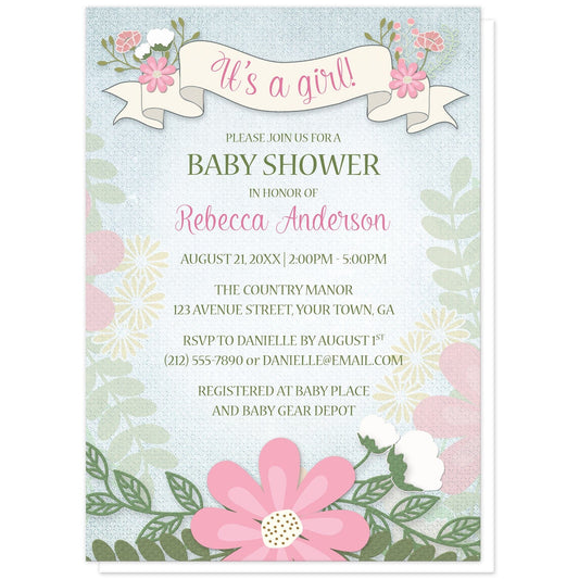 Rustic Floral Southern Girl Baby Shower Invitations at Artistically Invited. Rustic floral southern girl baby shower invitations with a flowing floral banner design at the top with "It's a girl!" in pink on the banner. Your personalized baby shower celebration details are custom printed in pink and green over a light blue rustic background with watercolor flowers lightly illustrated on the sides, and a simple floral arrangement along the bottom.