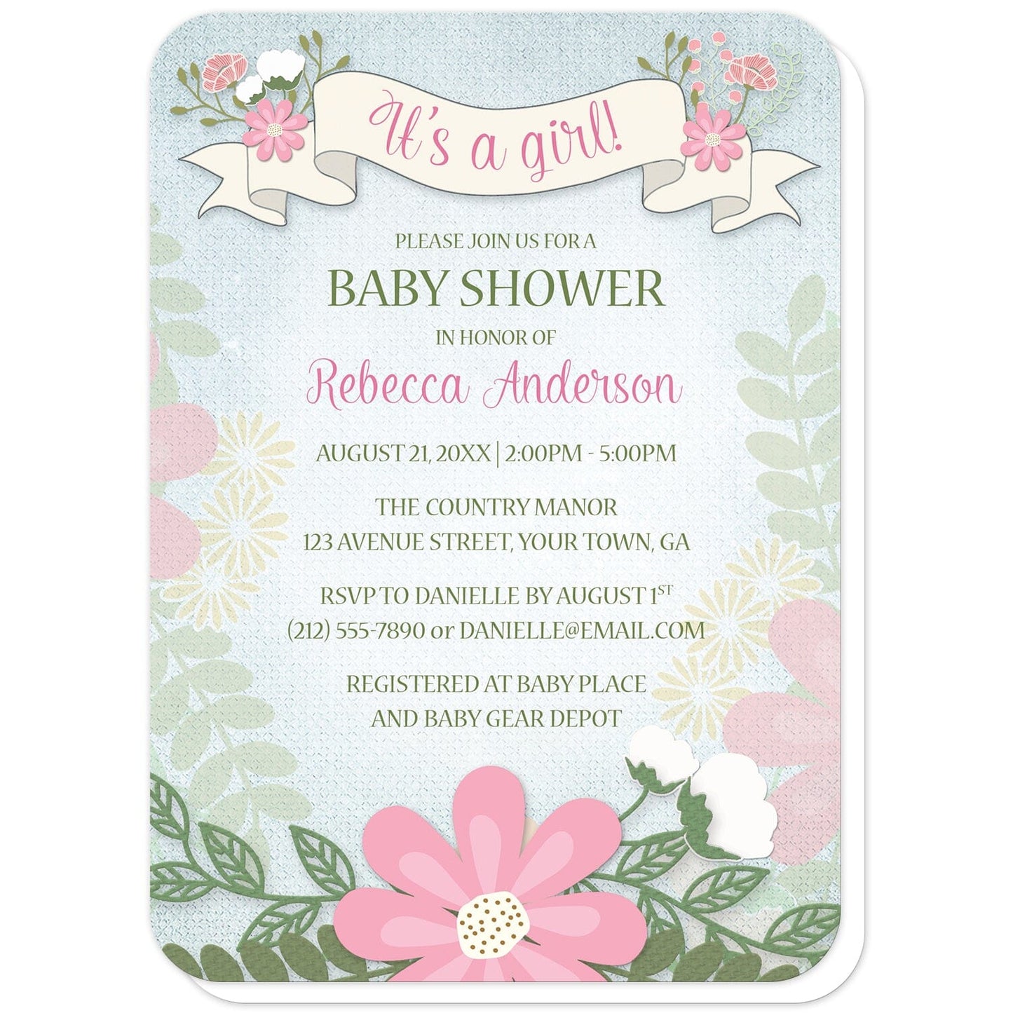 Rustic Floral Southern Girl Baby Shower Invitations (with rounded corners) at Artistically Invited. Rustic floral southern girl baby shower invitations with a flowing floral banner design at the top with "It's a girl!" in pink on the banner. Your personalized baby shower celebration details are custom printed in pink and green over a light blue rustic background with watercolor flowers lightly illustrated on the sides, and a simple floral arrangement along the bottom.