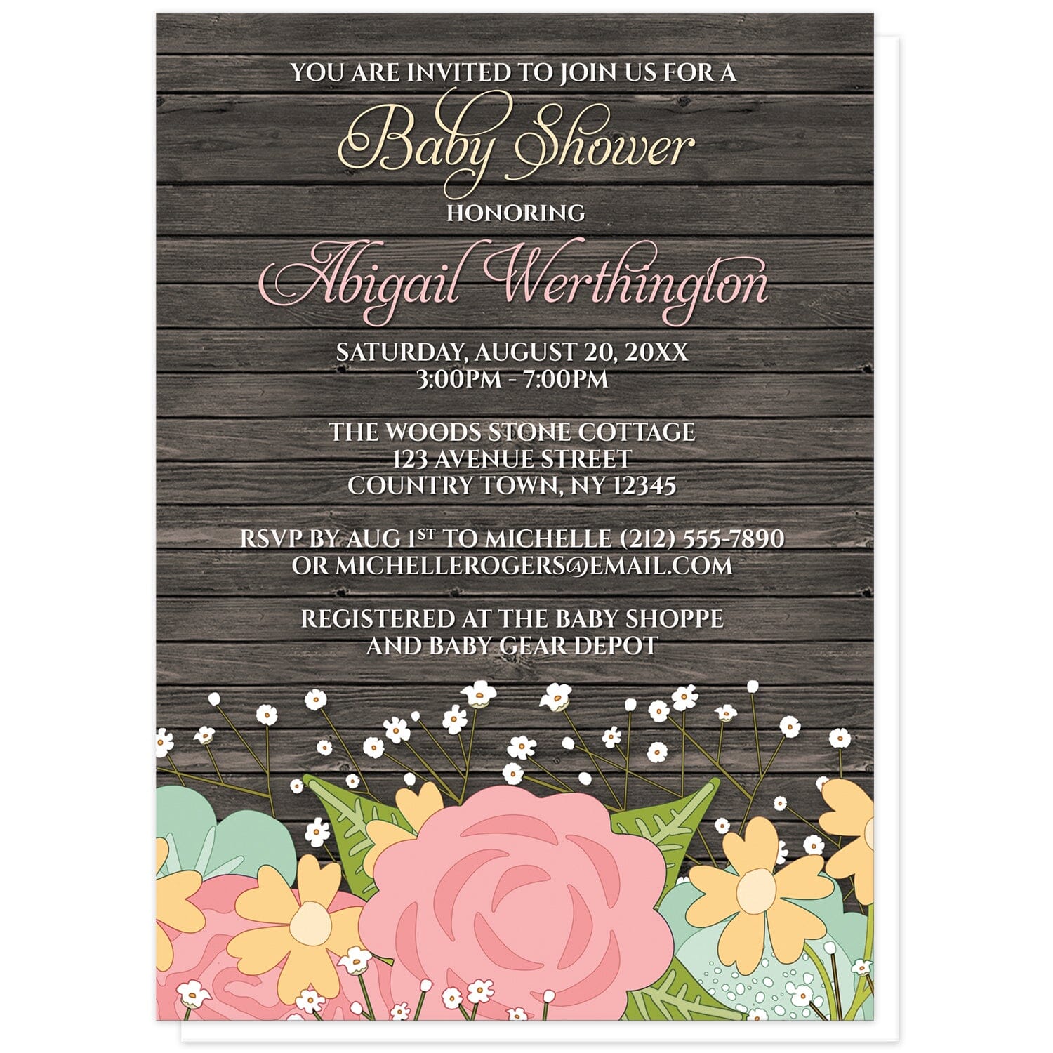 Rustic Floral Wood Baby's Breath Baby Shower Invitations at Artistically Invited. Rustic floral wood baby's breath baby shower invitations with a pink and teal floral theme featuring orange flowers, green leaves, and baby's breath along the bottom over a dark brown rustic wood pattern illustration. Your personalized baby shower celebration details are custom printed in yellow, pink, and white over the brown wood above the pretty flowers. 