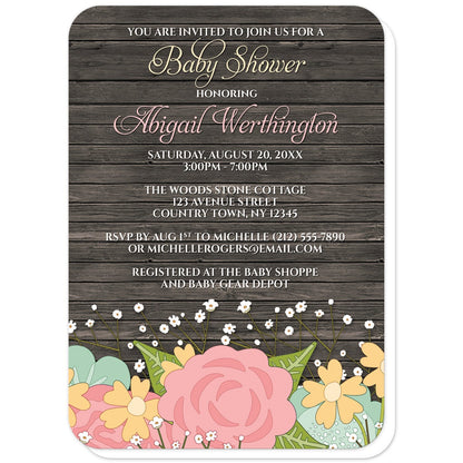 Rustic Floral Wood Baby's Breath Baby Shower Invitations (with rounded corners) at Artistically Invited. Rustic floral wood baby's breath baby shower invitations with a pink and teal floral theme featuring orange flowers, green leaves, and baby's breath along the bottom over a dark brown rustic wood pattern illustration. Your personalized baby shower celebration details are custom printed in yellow, pink, and white over the brown wood above the pretty flowers. 