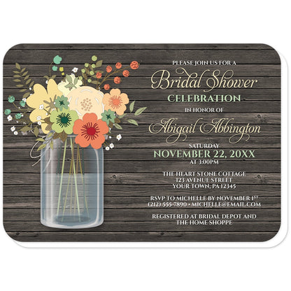Rustic Floral Wood Mason Jar Bridal Shower Invitations (with rounded corners) at Artistically Invited. Rustic floral wood mason jar bridal shower invitations with a pretty orange and teal floral mason jar theme with yellow, beige, and green accent flowers. Your personalized bridal shower celebration details are custom printed in beige, green, and white over a dark brown rustic wood pattern background next to the mason jar illustration, in both script and all-capital letters fonts.
