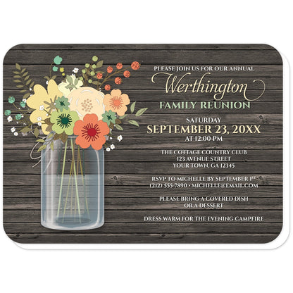 Rustic Floral Wood Mason Jar Family Reunion Invitations (with rounded corners) at Artistically Invited. Beautiful rustic floral wood mason jar family reunion invitations with a pretty orange and teal floral mason jar theme with yellow, beige, and green accent flowers. Your personalized reunion details are custom printed in beige, green, and white over a dark brown rustic wood pattern background next to the mason jar illustration, in both script and all-capital letters fonts.