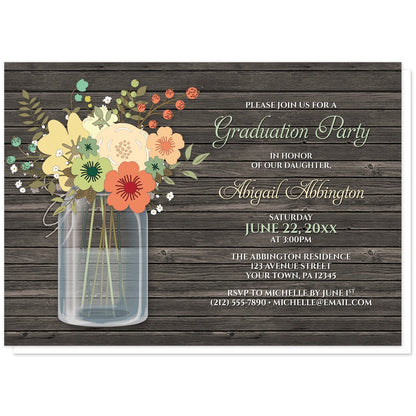 Rustic Floral Wood Mason Jar Graduation Invitations at Artistically Invited. Beautiful rustic floral wood mason jar graduation invitations with a pretty orange and teal floral mason jar theme with yellow, beige, and green accent flowers. Your personalized graduation party details are custom printed in beige, green, and white over a dark brown rustic wood pattern background next to the mason jar illustration, in both script and all-capital letters fonts.