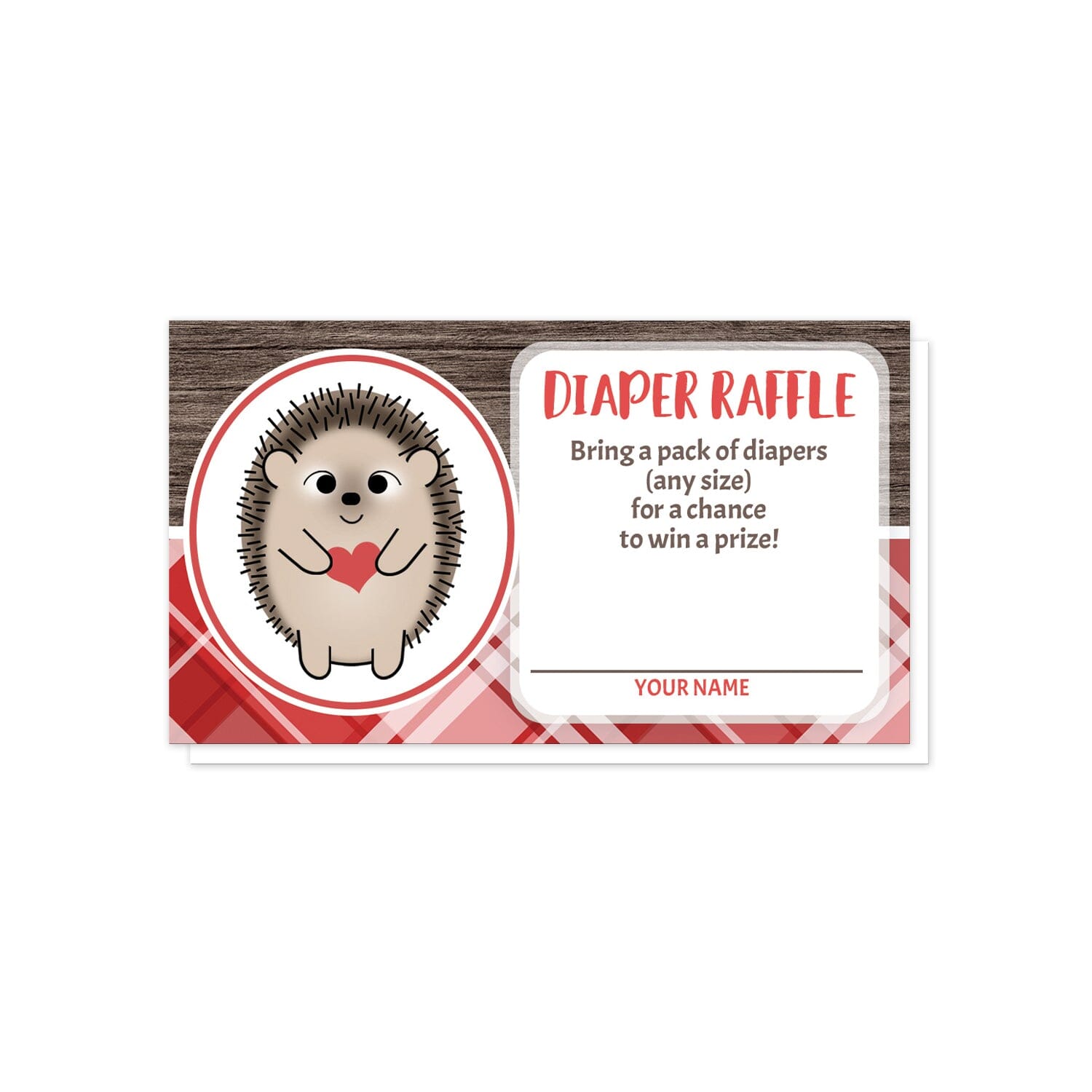 Rustic Hedgehog Heart Red Plaid Diaper Raffle Cards at Artistically Invited. Adorable rustic hedgehog red plaid diaper raffle cards illustrated with a cute and smiling hedgehog in a white and red oval on the left side over a rustic brown wood background along the top and a red plaid pattern background along the bottom. Your diaper raffle details are printed in red and brown in a white rectangular area over the background design on the right side.