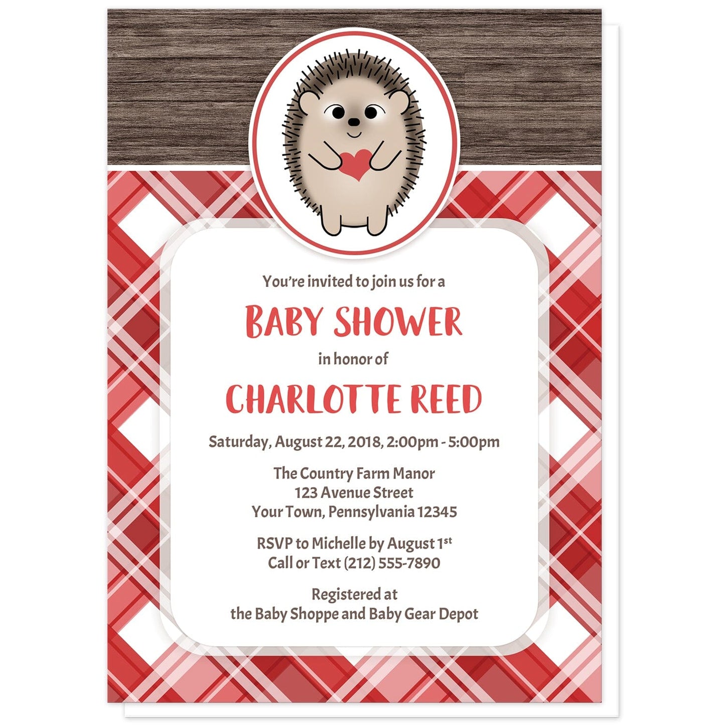 Rustic Hedgehog Heart Red Plaid Baby Shower Invitations at Artistically Invited. Adorable rustic hedgehog heart red plaid baby shower invitations that are illustrated with a cute and smiling hedgehog in a white and red oval over a rustic brown wood background along the top and a red plaid pattern background on the bottom. Your personalized baby shower celebration details are custom printed in red and brown in a white rectangular area over the red plaid pattern.