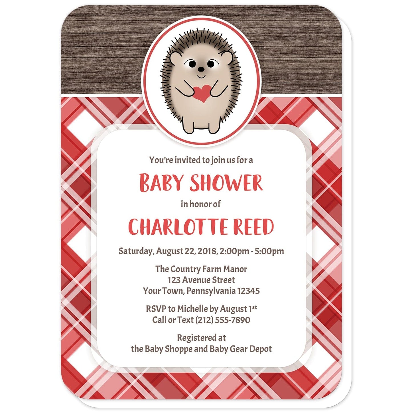 Rustic Hedgehog Heart Red Plaid Baby Shower Invitations (with rounded corners) at Artistically Invited. Adorable rustic hedgehog heart red plaid baby shower invitations that are illustrated with a cute and smiling hedgehog in a white and red oval over a rustic brown wood background along the top and a red plaid pattern background on the bottom. Your personalized baby shower celebration details are custom printed in red and brown in a white rectangular area over the red plaid pattern.