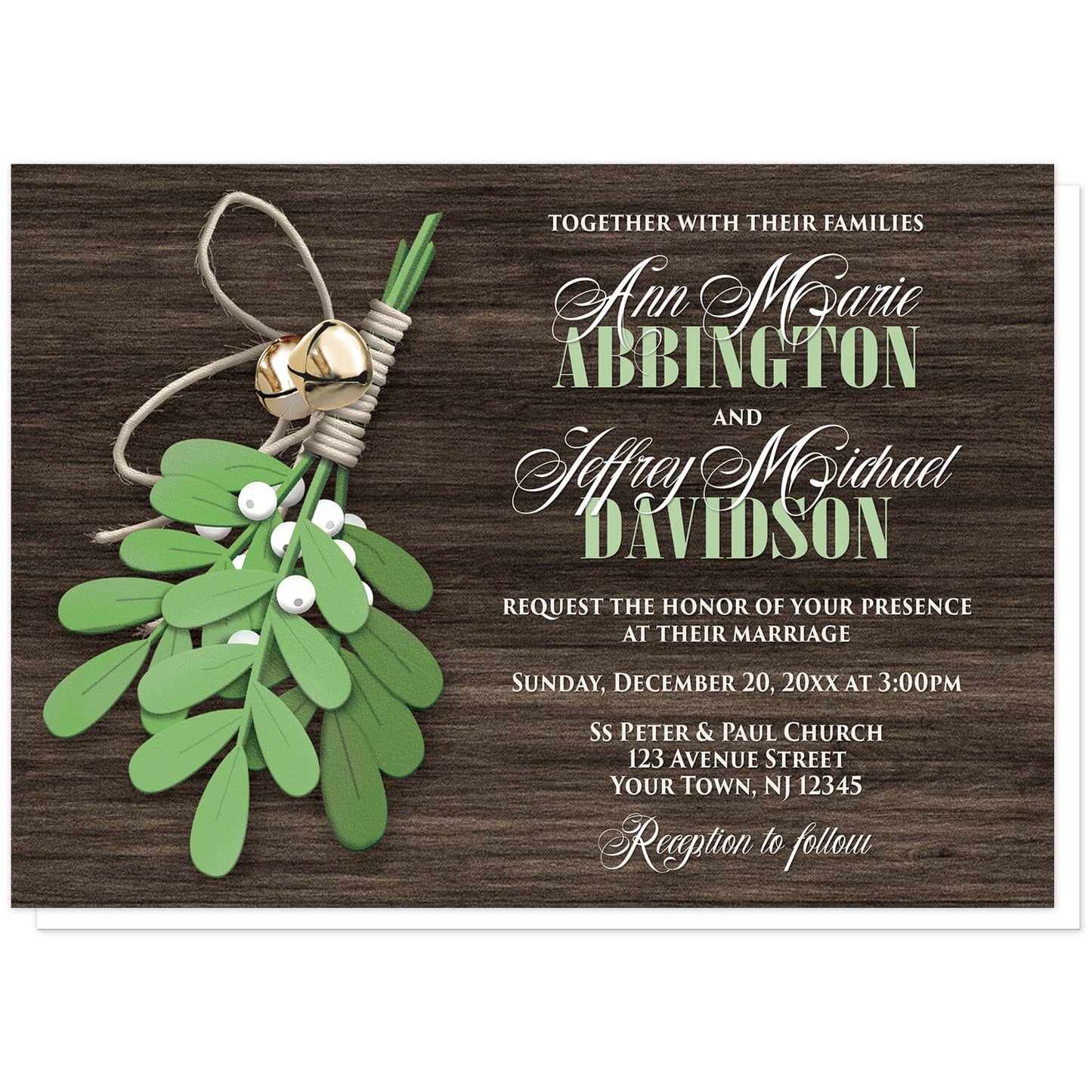 Rustic Mistletoe and Wood Wedding Invitations at Artistically Invited. Country-inspired rustic mistletoe and wood wedding invitations with an illustrated mistletoe plant tied together with twine and jingle bells over a dark brown wood background. Your personalized marriage celebration details are custom printed in white and green over the wood design to the right of the mistletoe. 
