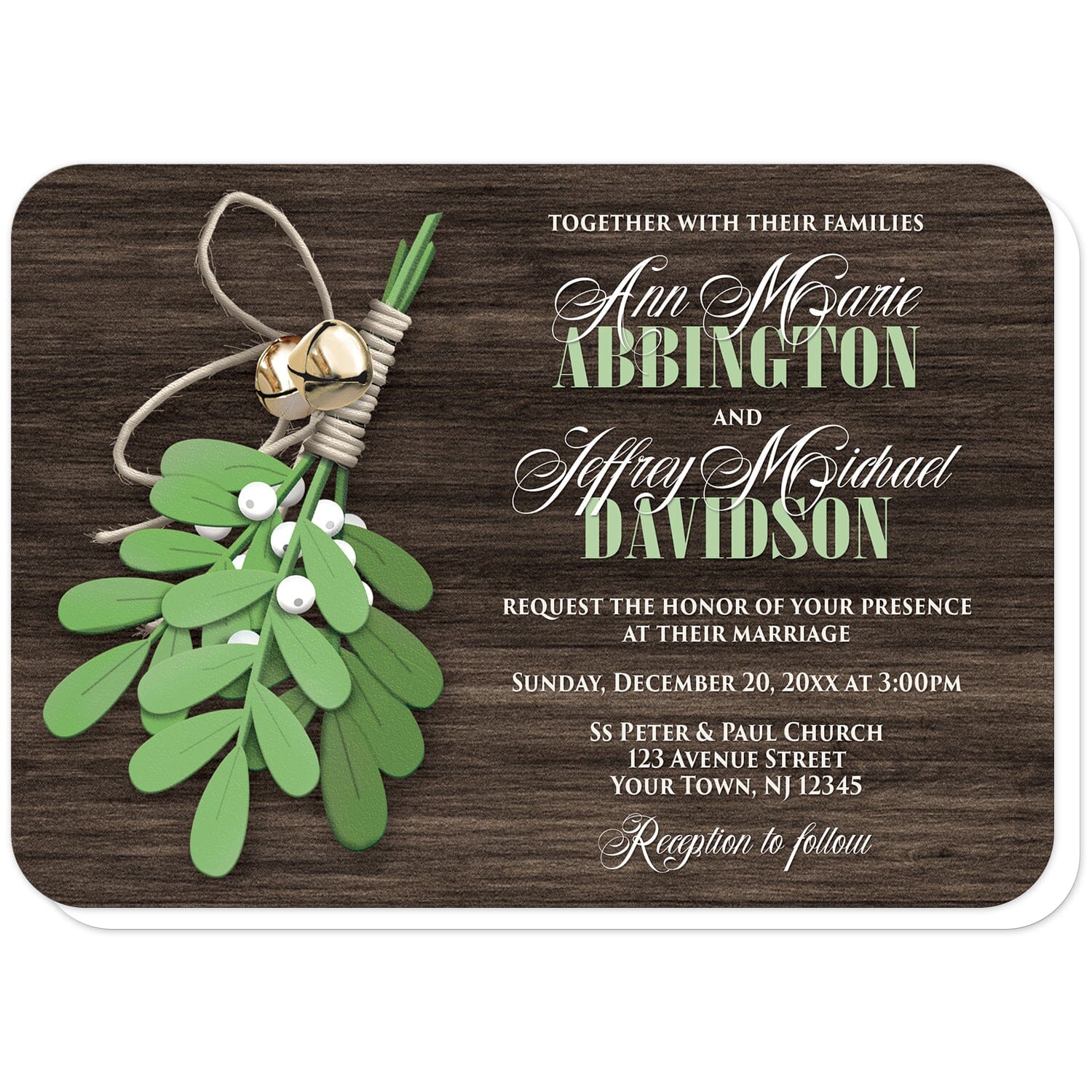 Rustic Mistletoe and Wood Wedding Invitations (with rounded corners) at Artistically Invited. Country-inspired rustic mistletoe and wood wedding invitations with an illustrated mistletoe plant tied together with twine and jingle bells over a dark brown wood background. Your personalized marriage celebration details are custom printed in white and green over the wood design to the right of the mistletoe. 