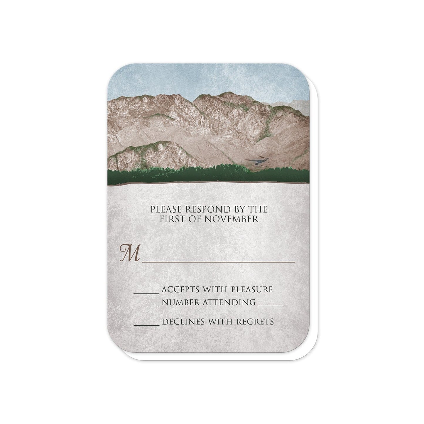 Rustic Mountain Scene RSVP Cards (rounded corners) at Artistically Invited.