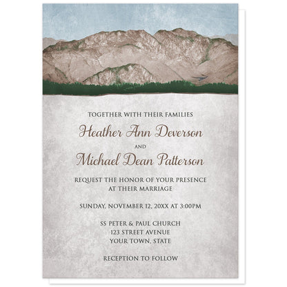 Rustic Mountain Scene Wedding Invitations at Artistically Invited. Mid-West country-inspired rustic mountain scene wedding invitations with a rough mountain landscape illustration over a faded vintage light blue sky along the top. Your personalized marriage celebration details are custom printed over a rustic light parchment illustration.