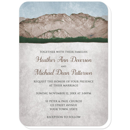 Rustic Mountain Scene Wedding Invitations (rounded corners) at Artistically Invited. Mid-West country-inspired rustic mountain scene wedding invitations with a rough mountain landscape illustration over a faded vintage light blue sky along the top. Your personalized marriage celebration details are custom printed over a rustic light parchment illustration.