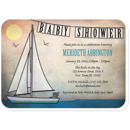 Rustic Nautical Sailboat Baby Shower Invitations (with rounded corners) at Artistically Invited. Rustic nautical sailboat baby shower invitations featuring an illustration of a sailboat on the water with a teddy bear passenger. A "BABY SHOWER" banner streams along the top above your personalized baby shower celebration details. The honoree's name is printed in a blue capital-letters only font while the rest of your shower details are printed in a black handwriting font over a rustic canvas background.