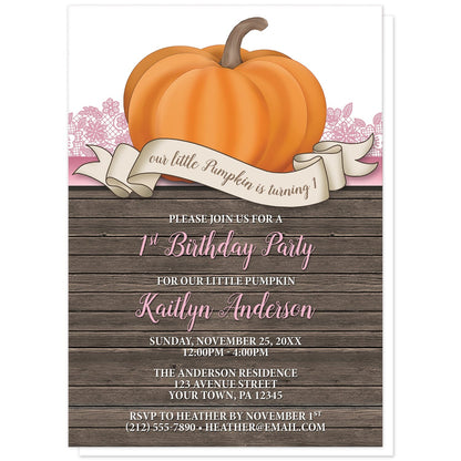 Rustic Orange Pink Pumpkin 1st Birthday Invitations at Artistically Invited. Invites with an illustration of an orange pumpkin over wood and ribbon banner that reads: "our little pumpkin is turning 1". This cute pumpkin drawing is set on a horizontal pink stripe with pink lace behind it. The personalized party information you provide will be custom printed in pink and white over a country brown wood background illustration below the pumpkin.