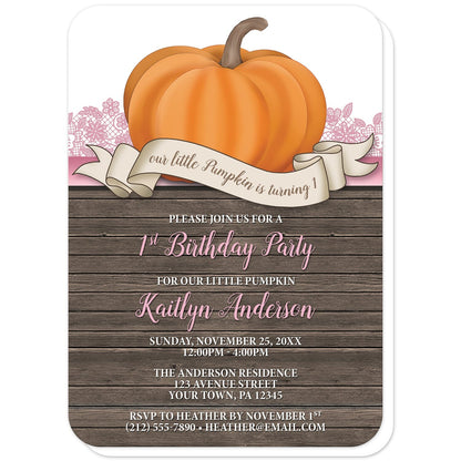 Rustic Orange Pink Pumpkin 1st Birthday Invitations (with rounded corners) at Artistically Invited. Invites with an illustration of an orange pumpkin over wood and ribbon banner that reads: "our little pumpkin is turning 1". This cute pumpkin drawing is set on a horizontal pink stripe with pink lace behind it. The personalized party information you provide will be custom printed in pink and white over a country brown wood background illustration below the pumpkin.