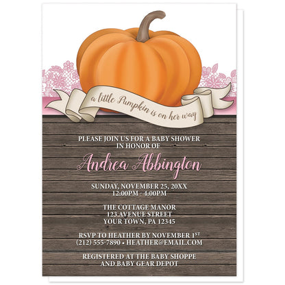 Rustic Orange Pink Pumpkin Baby Shower Invitations at Artistically Invited. Rustic orange pink pumpkin baby shower invitations with an illustration of an orange pumpkin over wood and a beige ribbon banner that reads: "a little pumpkin is on her way". This cute pumpkin drawing is set on a horizontal pink stripe with pink lace. The personalized baby shower celebration details you provide will be custom printed in pink and white over a country brown wood background illustration below the pumpkin.