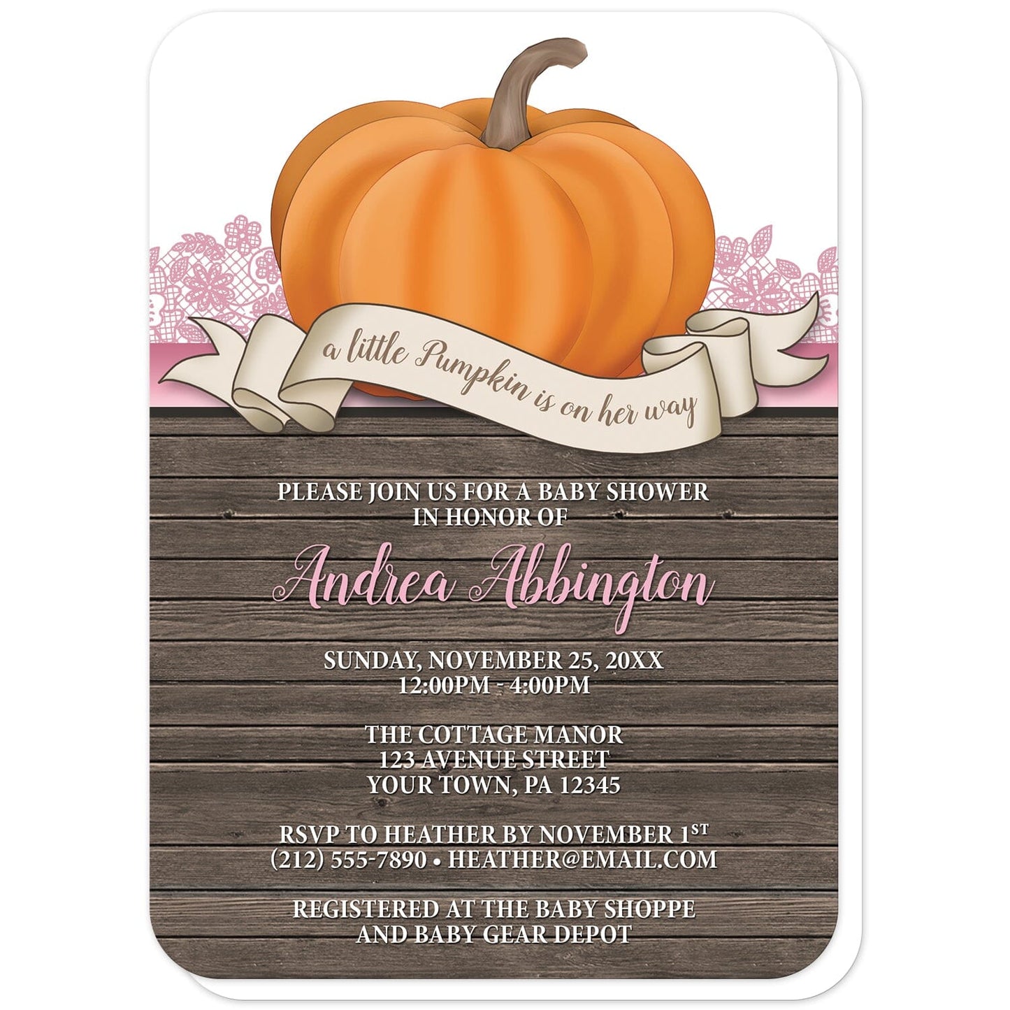 Rustic Orange Pink Pumpkin Baby Shower Invitations (with rounded corners) at Artistically Invited. Rustic orange pink pumpkin baby shower invitations with an illustration of an orange pumpkin over wood and a beige ribbon banner that reads: "a little pumpkin is on her way". This cute pumpkin drawing is set on a horizontal pink stripe with pink lace. The personalized baby shower celebration details you provide will be custom printed in pink and white over a country brown wood background below the pumpkin.