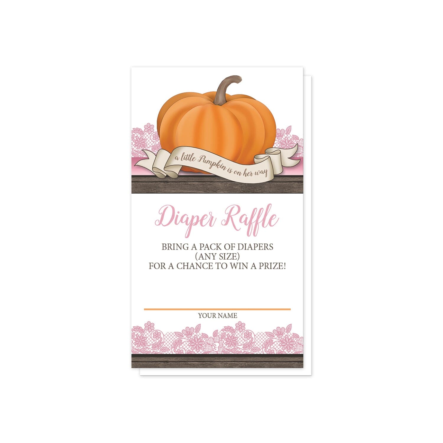 Rustic Orange Pink Pumpkin Diaper Raffle Cards at Artistically Invited. Cute rustic orange pink pumpkin diaper raffle cards with an illustration of an orange pumpkin on a horizontal pink stripe and a wood stripe with pink lace behind it, and a tiny ribbon banner that reads: "a little pumpkin is on her way". Your diaper raffle details are printed in pink and brown in the white area of the cards below the pumpkin. 