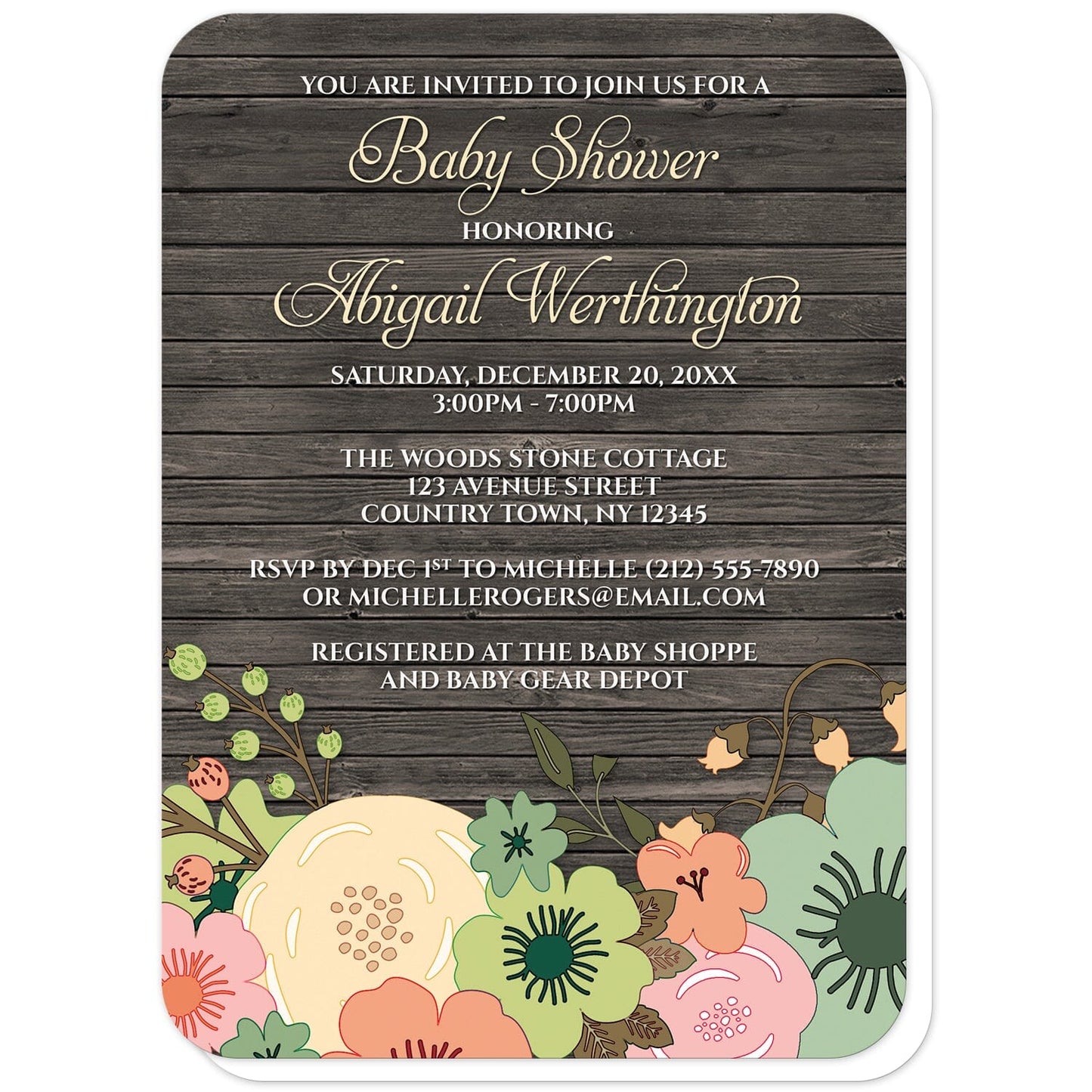 Rustic Orange Teal Floral Wood Baby Shower Invitations (with rounded corners) at Artistically Invited. Rustic orange teal floral wood baby shower invitations designed with a southern country orange, beige, and teal floral theme with pink and green accent flowers. This floral illustration is printed along the bottom of the invitations over a brown rustic wood background. Your personalized baby shower celebration details are custom printed in beige and white over the wood design above the flowers.
