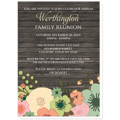 Rustic Orange Teal Floral Wood Family Reunion Invitations at Artistically Invited. Rustic orange teal floral wood family reunion invitations designed with a southern country orange, beige, and teal floral theme with pink and green accent flowers. This floral illustration is printed along the bottom of the invitations over a dark brown rustic wood pattern background. Your personalized reunion celebration details are custom printed in beige and white over the wood design above the flowers.
