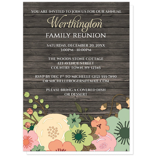 Rustic Orange Teal Floral Wood Family Reunion Invitations at Artistically Invited. Rustic orange teal floral wood family reunion invitations designed with a southern country orange, beige, and teal floral theme with pink and green accent flowers. This floral illustration is printed along the bottom of the invitations over a dark brown rustic wood pattern background. Your personalized reunion celebration details are custom printed in beige and white over the wood design above the flowers.