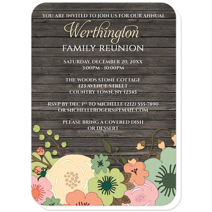 Rustic Orange Teal Floral Wood Family Reunion Invitations (with rounded corners) at Artistically Invited. Invites designed with a southern country orange, beige, and teal floral theme with pink and green accent flowers. This floral illustration is printed along the bottom of the invitations over a dark brown rustic wood pattern background. Your personalized reunion celebration details are custom printed in beige and white over the wood design above the flowers.
