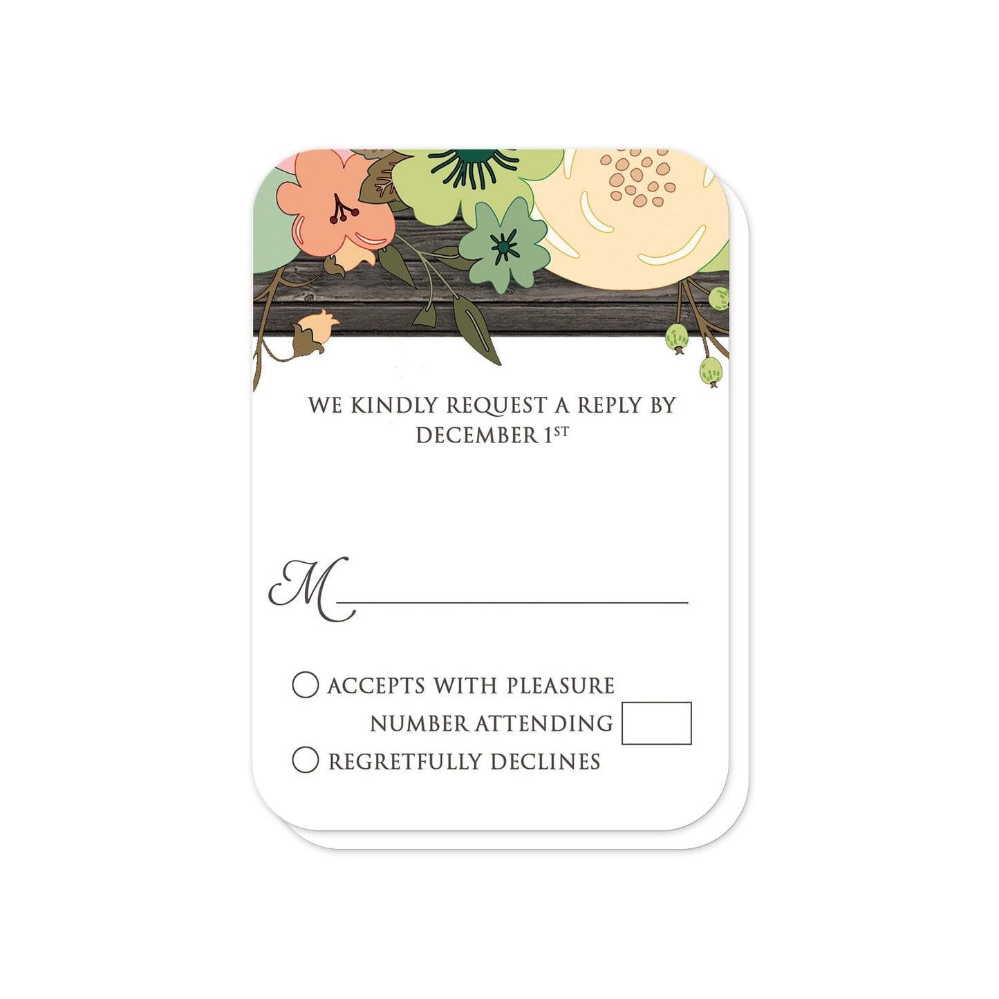 Rustic Orange Teal Floral Wood RSVP Cards (with rounded corners) at Artistically Invited.