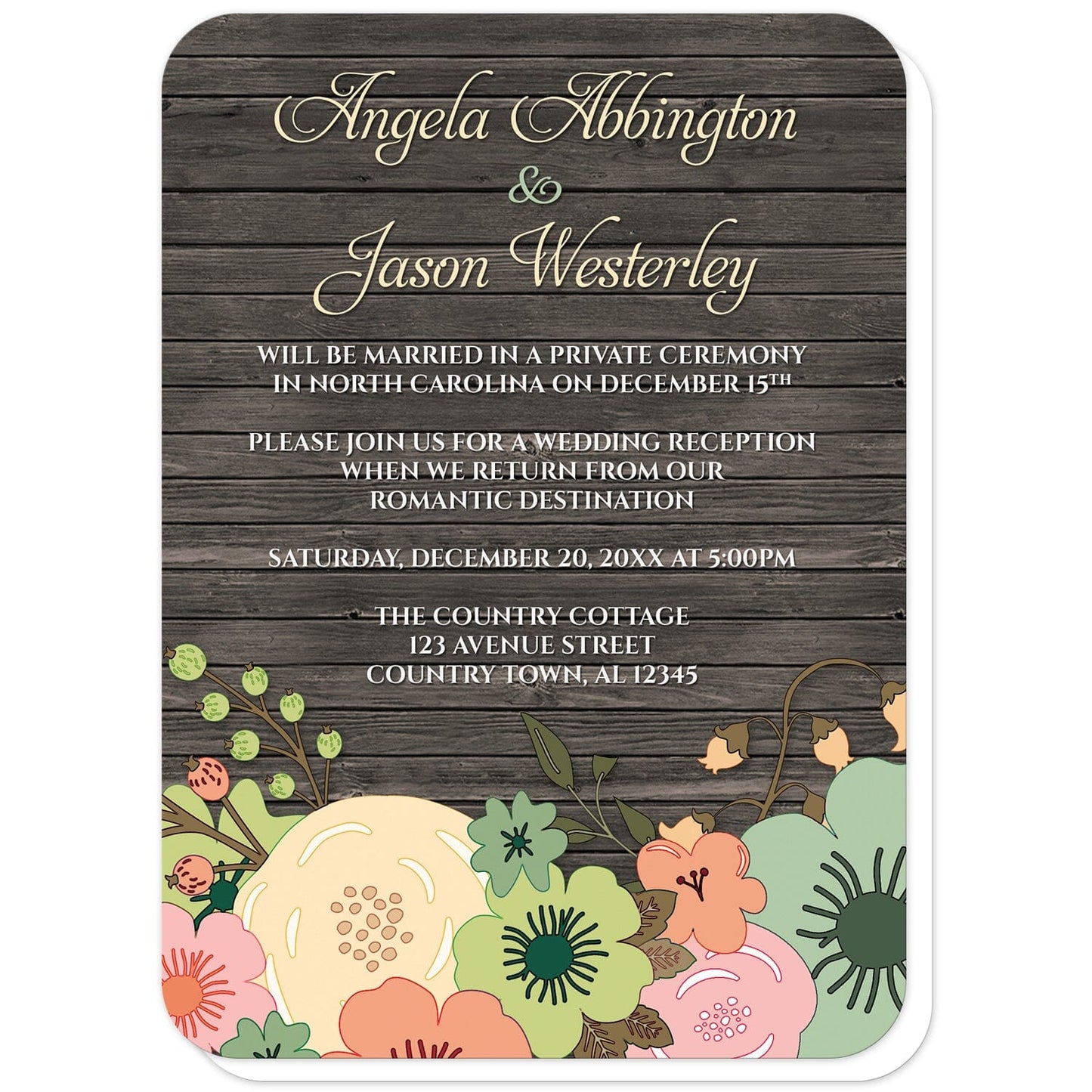 Rustic Orange Teal Floral Wood Reception Only Invitations (with rounded corners) at Artistically Invited. Rustic orange teal floral wood reception only invitations designed with a southern country orange, beige, and teal floral theme with pink and green accent flowers. This floral illustration is printed along the bottom of the invitations over a dark brown rustic wood background. Your personalized post-wedding reception details are custom printed in beige and white over the wood design above the flowers.
