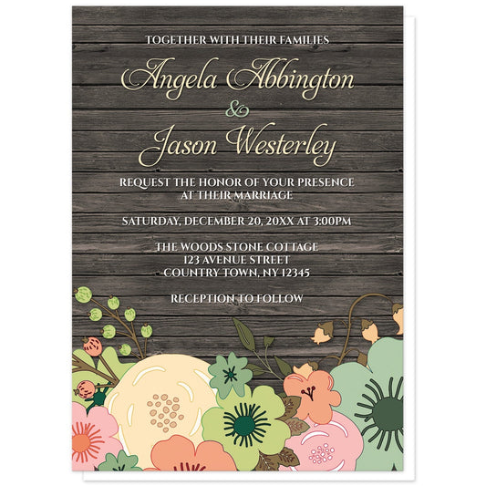 Rustic Orange Teal Floral Wood Wedding Invitations at Artistically Invited. Rustic orange teal floral wood wedding invitations designed with a southern country orange, beige, and teal floral theme with pink and green accent flowers. This floral illustration is printed along the bottom of the invitations over a dark brown rustic wood pattern background. Your personalized marriage celebration details are custom printed in beige and white over the wood design above the flowers.