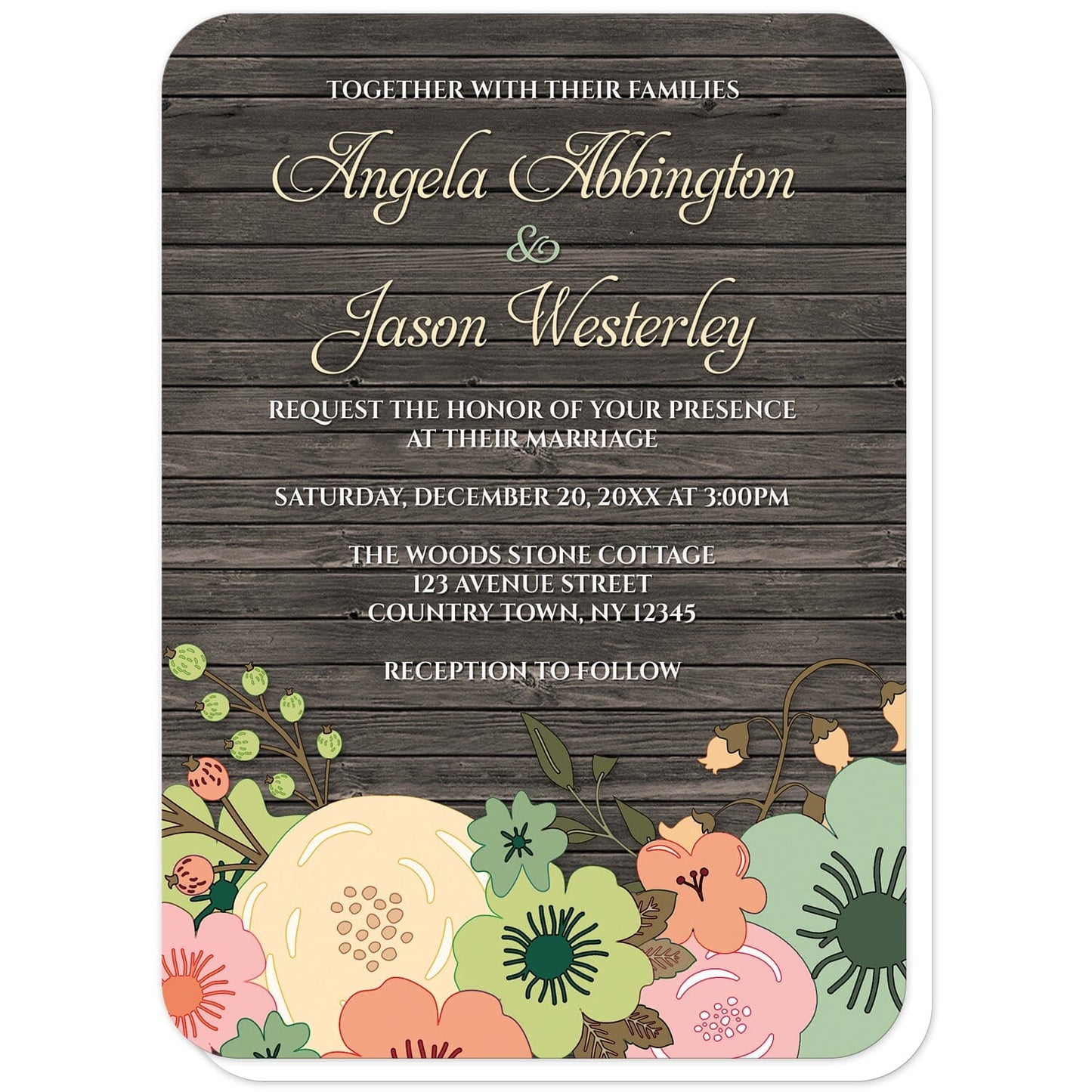 Rustic Orange Teal Floral Wood Wedding Invitations (with rounded corners) at Artistically Invited. Rustic orange teal floral wood wedding invitations designed with a southern country orange, beige, and teal floral theme with pink and green accent flowers. This floral illustration is printed along the bottom of the invitations over a dark brown rustic wood pattern background. Your personalized marriage celebration details are custom printed in beige and white over the wood design above the flowers.
