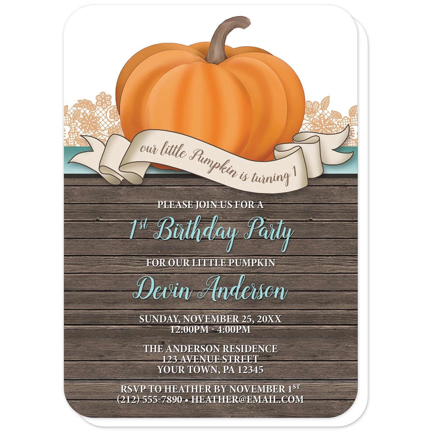 Rustic Orange Teal Pumpkin 1st Birthday Invitations (with rounded corners) at Artistically Invited. Rustic orange teal pumpkin 1st birthday invitations with an illustration of an orange pumpkin over wood and ribbon banner that reads: "our little pumpkin is turning 1". This cute pumpkin drawing is set on a horizontal teal stripe with orange lace behind it. The personalized party information you provide will be custom printed in teal and white over a country brown wood background below the pumpkin.