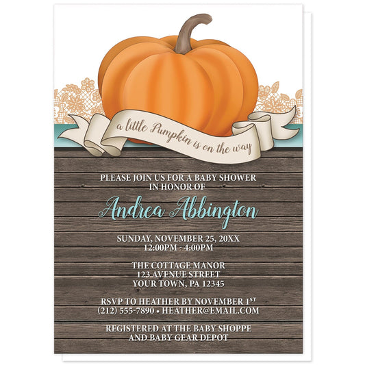 Rustic Orange Teal Pumpkin Baby Shower Invitations at Artistically Invited. Rustic orange teal pumpkin baby shower invitations with an illustration of an orange pumpkin over wood and a beige ribbon banner that reads: "a little pumpkin is on the way". This cute pumpkin drawing is set on a horizontal teal stripe with orange lace. The personalized baby shower celebration details you provide will be custom printed in teal and white over a country brown wood background illustration below the pumpkin.