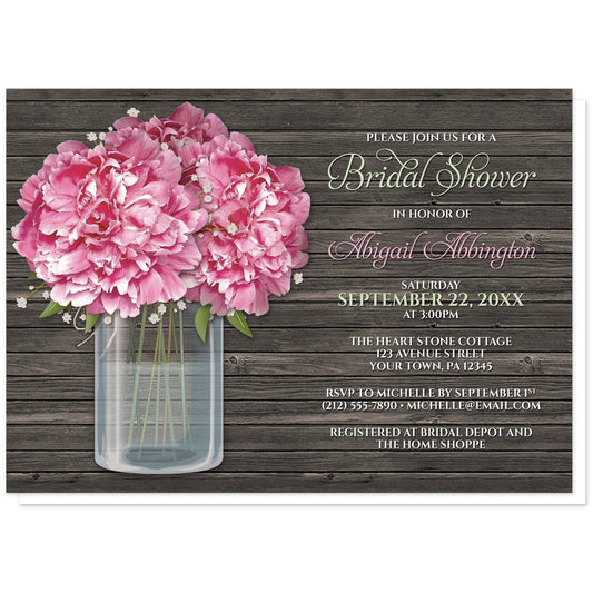 Rustic Peony Wood Mason Jar Bridal Shower Invitations at Artistically Invited. Southern-inspired rustic peony wood mason jar bridal shower invitations designed with a pretty pink floral mason jar theme featuring big pink peony flowers and small accents of baby's breath and green leaves in a glass mason jar illustration. Your personalized bridal shower celebration details are printed in white, pink, and light green over a dark brown wood background to the right of the mason jar.