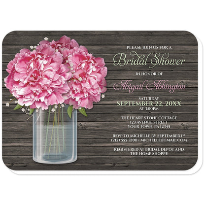 Rustic Peony Wood Mason Jar Bridal Shower Invitations (with rounded corners) at Artistically Invited. Southern-inspired rustic peony wood mason jar bridal shower invitations designed with a pretty pink floral mason jar theme featuring big pink peony flowers and small accents of baby's breath and green leaves in a glass mason jar illustration. Your personalized bridal shower celebration details are printed in white, pink, and light green over a dark brown wood background to the right of the mason jar.