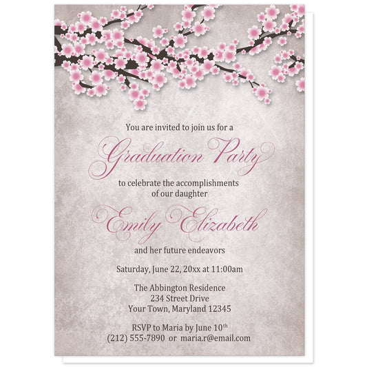 Rustic Pink Cherry Blossom Graduation Invitations at Artistically Invited. Rustic pink cherry blossom graduation invitations featuring an illustration of pink and white with dark brown cherry blossom branches along the top. Your personalized graduation party details are custom printed in pink and dark brown over a stony grayish brown background below the pretty cherry blossom branches. 