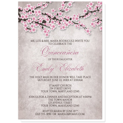 Rustic Pink Cherry Blossom Quinceañera Invitations at Artistically Invited. Rustic pink cherry blossom Quinceañera invitations featuring an illustration of pink and white with dark brown cherry blossom branches along the top. Your personalized 15th birthday party details are custom printed in pink and dark brown over a stony grayish brown background below the pretty cherry blossom branches. 