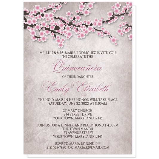Rustic Pink Cherry Blossom Quinceañera Invitations at Artistically Invited. Rustic pink cherry blossom Quinceañera invitations featuring an illustration of pink and white with dark brown cherry blossom branches along the top. Your personalized 15th birthday party details are custom printed in pink and dark brown over a stony grayish brown background below the pretty cherry blossom branches. 