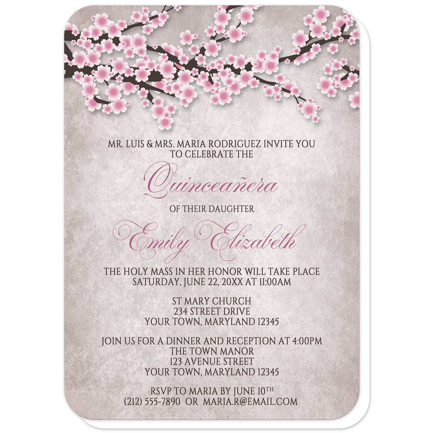 Rustic Pink Cherry Blossom Quinceañera Invitations (with rounded corners) at Artistically Invited. Rustic pink cherry blossom Quinceañera invitations featuring an illustration of pink and white with dark brown cherry blossom branches along the top. Your personalized 15th birthday party details are custom printed in pink and dark brown over a stony grayish brown background below the pretty cherry blossom branches. 