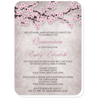 Rustic Pink Cherry Blossom Quinceañera Invitations (with rounded corners) at Artistically Invited. Rustic pink cherry blossom Quinceañera invitations featuring an illustration of pink and white with dark brown cherry blossom branches along the top. Your personalized 15th birthday party details are custom printed in pink and dark brown over a stony grayish brown background below the pretty cherry blossom branches. 