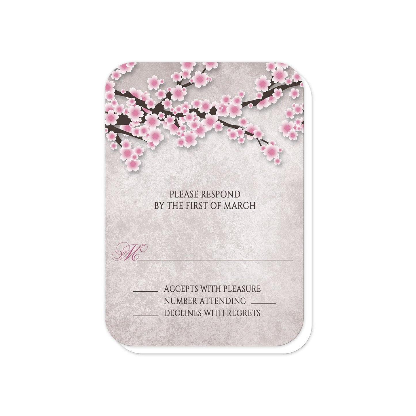 Rustic Pink Cherry Blossom RSVP Cards (with rounded corners) at Artistically Invited.