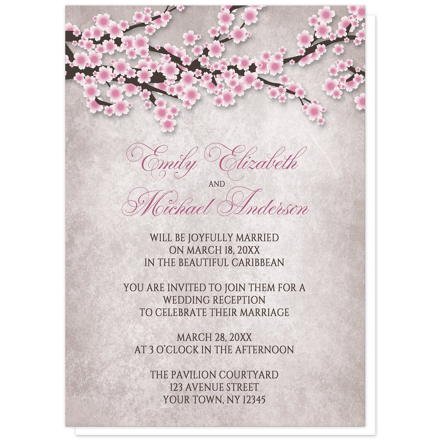 Rustic Pink Cherry Blossom Reception Only Invitations at Artistically Invited. Rustic pink cherry blossom reception only invitations featuring an illustration of pink and white with dark brown cherry blossom branches along the top. Your personalized post-wedding reception details are custom printed in pink and dark brown over a stony grayish brown background below the pretty cherry blossom branches. 