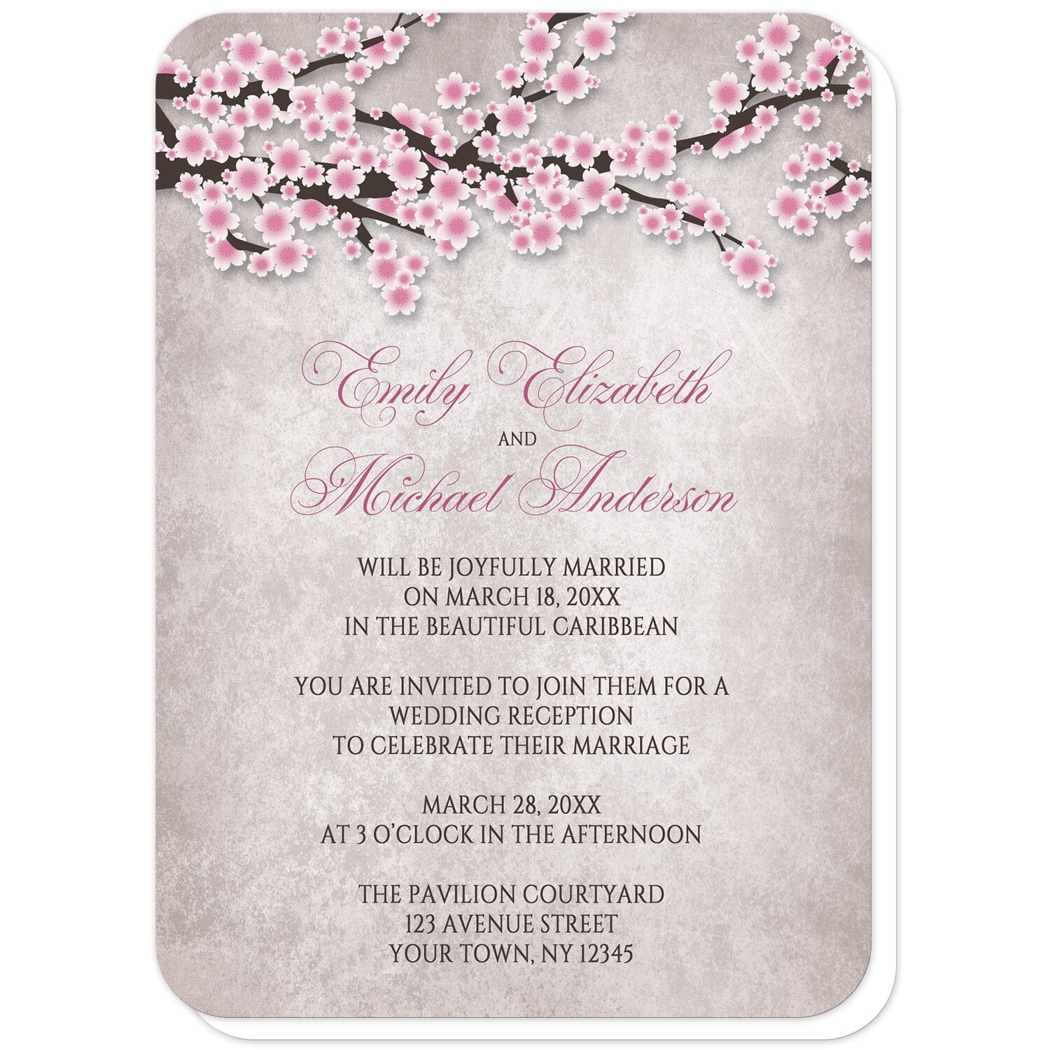 Rustic Pink Cherry Blossom Reception Only Invitations (with rounded corners) at Artistically Invited. Rustic pink cherry blossom reception only invitations featuring an illustration of pink and white with dark brown cherry blossom branches along the top. Your personalized post-wedding reception details are custom printed in pink and dark brown over a stony grayish brown background below the pretty cherry blossom branches. 