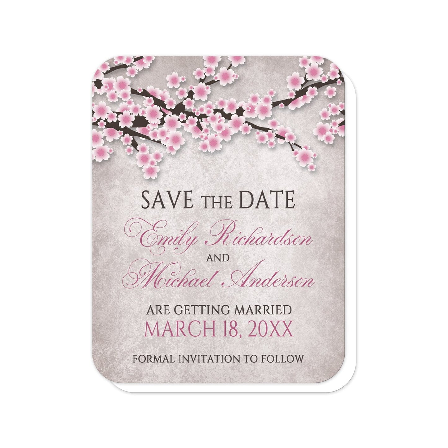 Rustic Pink Cherry Blossom Save the Date Cards (with rounded corners) at Artistically Invited. Rustic pink cherry blossom save the date cards featuring an illustration of pink and white with dark brown cherry blossom branches along the top. Your personalized wedding date details are custom printed in pink and dark brown over a stony grayish brown background below the pretty cherry blossom branches. 