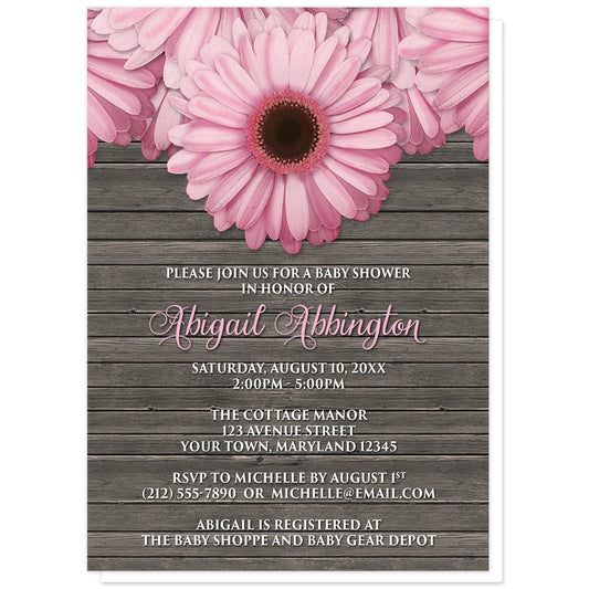 Rustic Pink Daisy Brown Wood Baby Shower Invitations at Artistically Invited. Rustic pink daisy brown wood baby shower invitations designed with large and lovely pink daisy flowers along the top over a country brown wood background illustration. Your personalized baby shower celebration details are custom printed in pink and white over the wood background design below the pretty pink daisies.