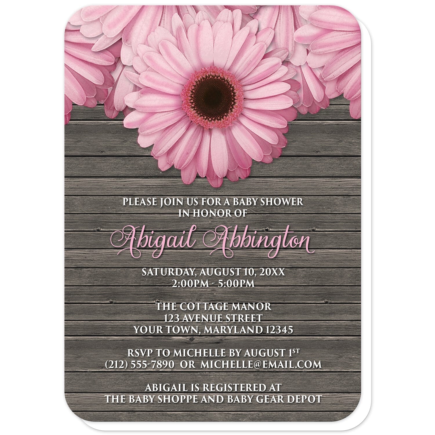 Rustic Pink Daisy Brown Wood Baby Shower Invitations (with rounded corners) at Artistically Invited. Rustic pink daisy brown wood baby shower invitations designed with large and lovely pink daisy flowers along the top over a country brown wood background illustration. Your personalized baby shower celebration details are custom printed in pink and white over the wood background design below the pretty pink daisies.