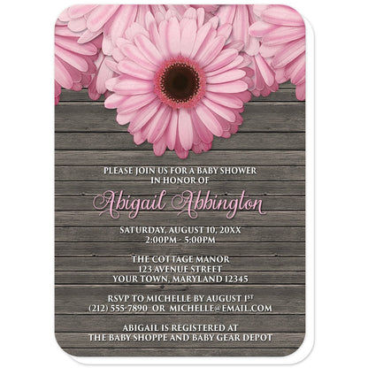 Rustic Pink Daisy Brown Wood Baby Shower Invitations (with rounded corners) at Artistically Invited. Rustic pink daisy brown wood baby shower invitations designed with large and lovely pink daisy flowers along the top over a country brown wood background illustration. Your personalized baby shower celebration details are custom printed in pink and white over the wood background design below the pretty pink daisies.
